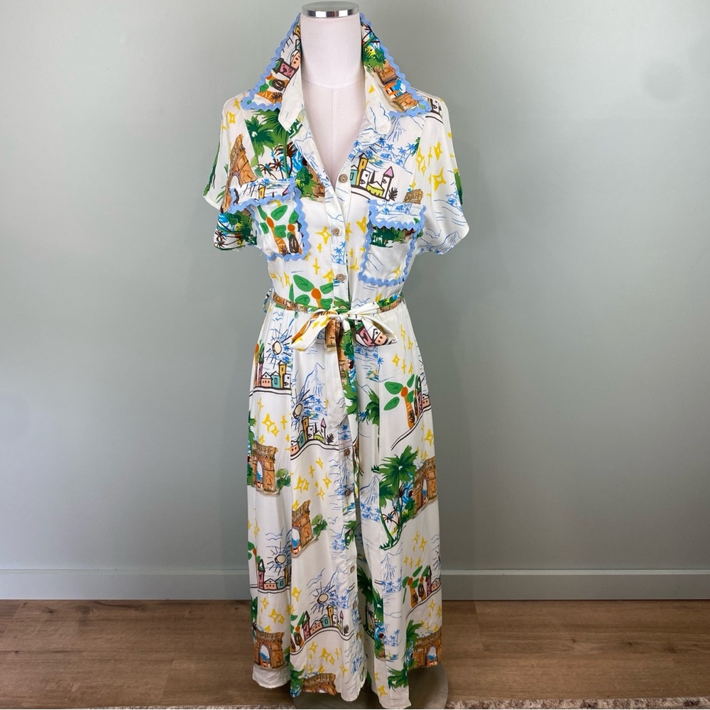 NWT Taelynn Vacay Whimsical Destination Maxi Shirt fit & flare Dress Small